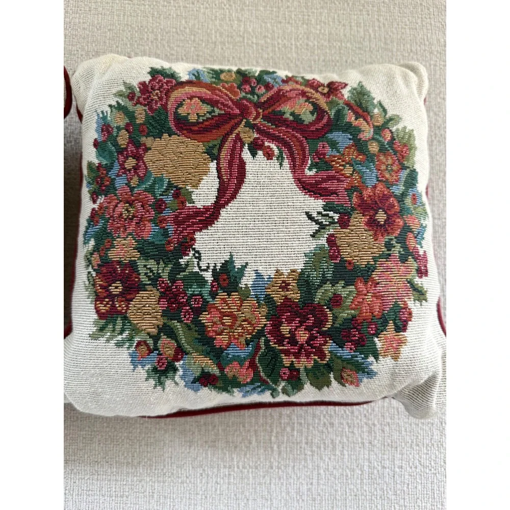 2 Floral Wreath Tapestry Throw Pillows Country 12x12 Decorative Bow Flower Decor
